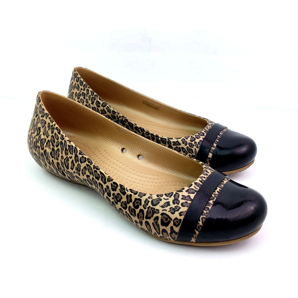 Crocs Womens Size 9 Brown Leopard Black Tie Slip On Comfort Ballet Flats Shoes